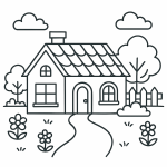 Ausmalbild Haus mit Garten